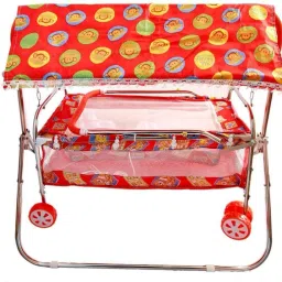 Red steel cradle with mosquito net and umbrella Bassinet-13