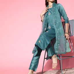 SheWill Women Blue Ethnic Motifs Embroidered Kurta with Trousers & With Dupatta-image-45