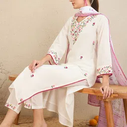 Indo Era Floral Embroidered Thread Work Pure Cotton Straight Kurta With Trousers & Dupatta-40