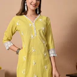 CRENOL THREADS Women Floral Embroidered Pure Cotton Straight Kurta-image-18
