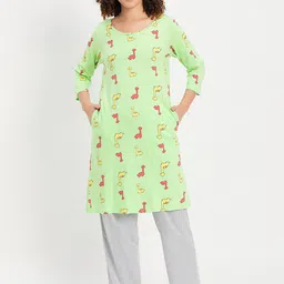 Clovia Green Conversational Printed Pure Cotton Kurti With Pyjamas-picture-7