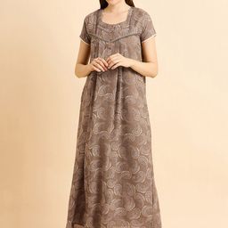 Sweet Dreams Brown Ethnic Motifs Printed Pure Cotton Maxi Nightdress-image-1