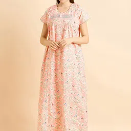 Sweet Dreams Peach Coloured Pure Cotton Printed Maxi Nightdress-image-76
