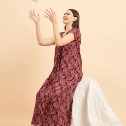 Sweet Dreams Maroon Floral Printed Pure Cotton Maxi Nightdress-image-94