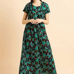 Sweet Dreams Green Floral Printed Pure Cotton Maxi Nightdress-picture-40