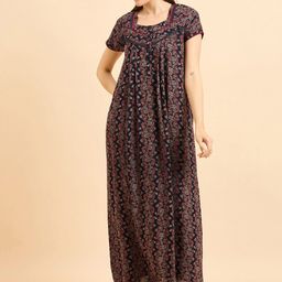 Sweet Dreams Navy Blue Floral Printed Pure Cotton Maxi Nightdress-image-41