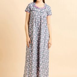 Sweet Dreams Grey Pure Cotton Printed Maxi Nightdress-image-69