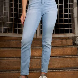 KASSUALLY Women Blue Slim Fit Mid-Rise Light Fade Whiskers Jeans-30