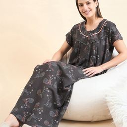 Sweet Dreams Grey Floral Printed Pure Cotton Maxi Nightdress-image-1