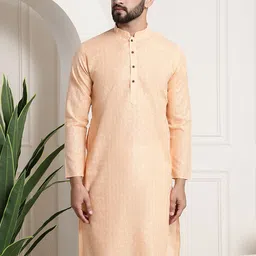 SOJANYA Men Peach-Coloured Checked Straight Kurta-84