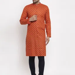 KRAFT INDIA Men Orange Ethnic Motif Printed Straight Kurta-picture-49
