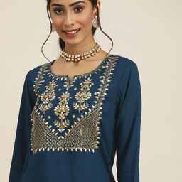 Sangria Women Teal Blue & Golden Gotta Patti Yoke Design Straight Kurta-picture-16