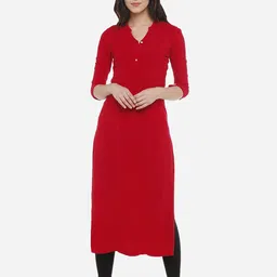 IDENTITI Women Red Solid Straight Kurta-picture-2