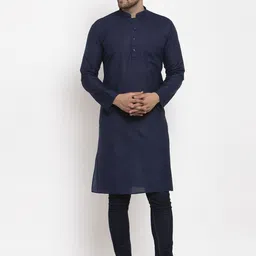 KRAFT INDIA Men Navy Blue Solid Cotton Straight Kurta-image-34