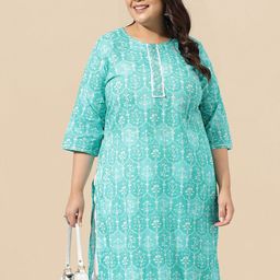 KALINI Plus Size Turquoise Blue Ethnic Motifs Printed Pure Cotton Straight Kurta-image-10
