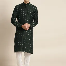 SOJANYA Men Green & White Woven Design Jacquard Straight Kurta-12