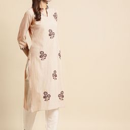 RANGMAYEE Women Beige & Black Striped Thread Work Pastels Pure Cotton Handloom Kurta-picture-29