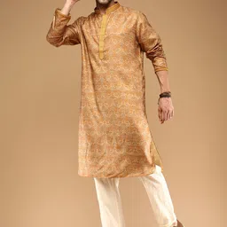 Sangria Brown Floral Printed Mandarin Collar Silk Straight Kurta-picture-35