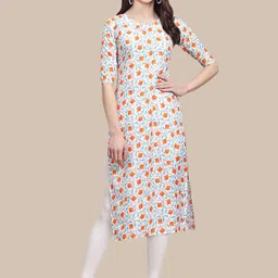 KALINI Women White & Orange Floral Printed Crepe Kurta-picture-25