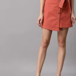 NEUDIS Women Rust-Orange Solid Cotton Twill Straight Mini Skirt-picture-9
