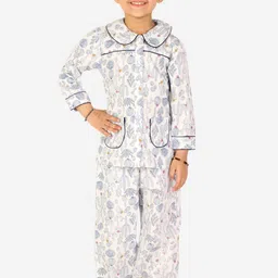 White Dahlia Girls Grey & Blue Printed Night suit-image-2