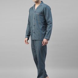 Hancock Checked Lapel Collar Long Sleeves Cotton Relaxed Fit Night suit 28030Navy-Blue-picture-31