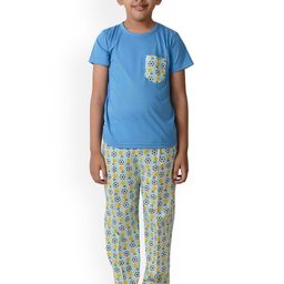 frangipani Unisex Kids Turquoise Blue Printed Pure Cotton Night Suit-picture-24