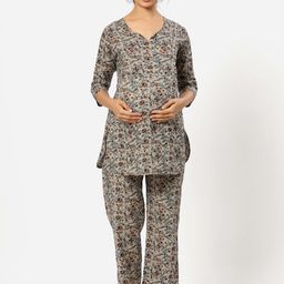 CRAFIQA Women Grey & Green Printed Pure Cotton Maternity & Nursing Night Suit-27