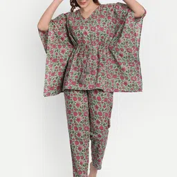 githaan Women Floral Printed Pure Cotton Kaftan Night Suit-image-56