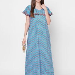 evolove Turquoise Blue Checked Maxi Nightdress-image-55