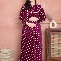 Secret Wish Polka Dots Printed Mandarin Collar Woollen Maternity Maxi Nightdress-picture-16