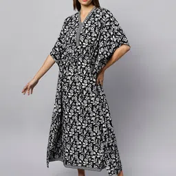 ETC Black Floral Printed Pure Cotton Maxi Kaftan Nightdress-image-34