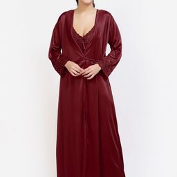 NIGHT KEYS 4 Pieces Satin Maxi Nightdress With Robe & Lingerie Set-image-105