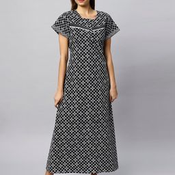 ETC Black Geometric Printed Pure Cotton Maxi Nightdress-image-23