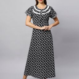 ETC Black Floral Printed Pure Cotton Maxi Nightdress-image-83