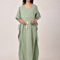 Ikk Kudi by Seerat Green Printed Pure Cotton Maternity & Nursing Kaftan Maxi Nightdress-image-100