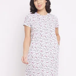 Clovia White Printed Pure Cotton Nightdress-image-25