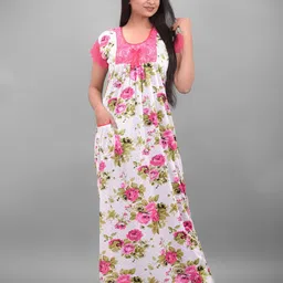 Apratim Women White & Pink Printed Satin Nightdress-picture-6