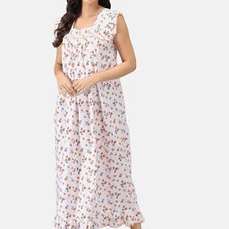 Shararat Women White & Orange Printed Cotton Maxi Nightdress-image-32