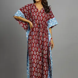HANDICRAFT PALACE Ethnic Motifs Printed Pure Cotton Kaftan Maxi Nightdress-image-4