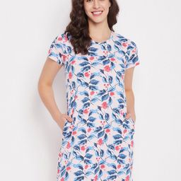 Clovia Pink & Blue Floral Printed Pure Cotton Nightdress-image-46