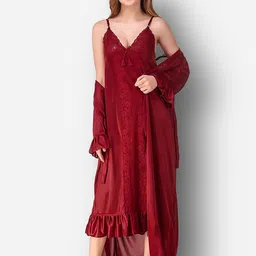 Romaisa Maroon Maxi Nightdress With Robe-image-16