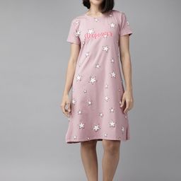 Zeyo Pink & White Printed Cotton Nightdress-image-39