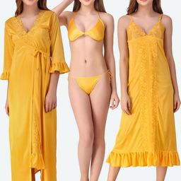 Romaisa Yellow Satin Solid Nightwear Set-image-15