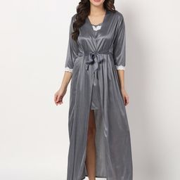 Klamotten Shoulder Straps Above Knee Length Satin Nightdress With Robe-image-100