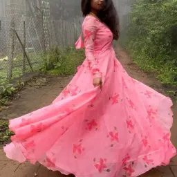 Floral Print Georgette Stitched Anarkali Gown (Pink) " No Bottomwear " Floral Print Anarkali Kurta, Bottom & Dupatta Set-picture-30