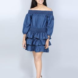 StyleStone Blue Off-Shoulder Denim Dress-image-27