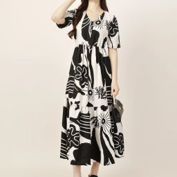 Women Fit and Flare Black, White Maxi/Full Length Dress-image-62