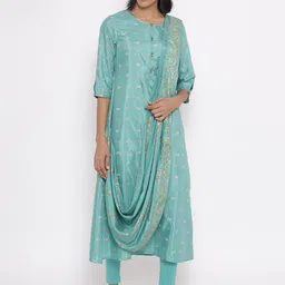 W Festive Floral Print Shantung Kurta With Leggings-picture-43