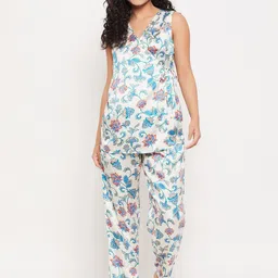 Clovia White Floral Printed V-Neck Sleeveless Satin Night suit-picture-14
